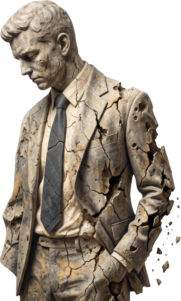 Un employé en costume-cravate, changé en statue de pierre, qui se fissure et part en morceaux.